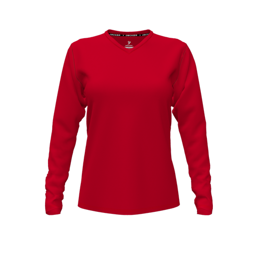 [CUS-DFW-TEES-PER-VNK-LSL-RED-FYXS-LOGO3] Decker Performance T-Shirt (Female Youth XS, Red, V Neck, Logo 3, Long Sleeve)